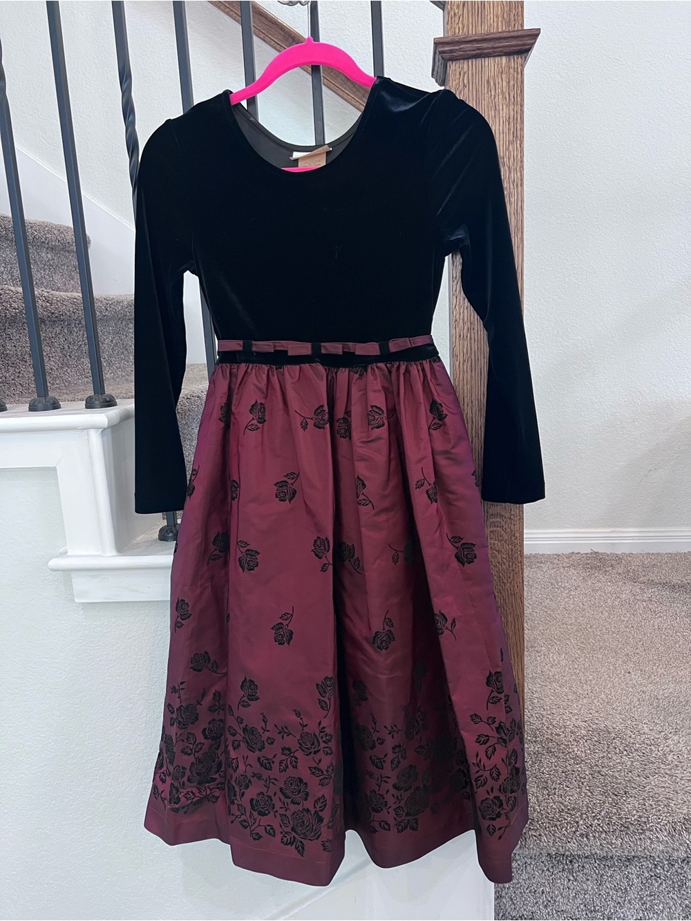 Bonnie Jean Black Velvet Top Burgundy Floral Skirt Party Dress